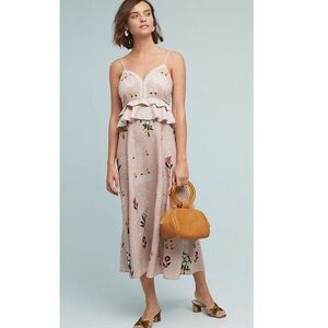 🌷Anthropologie Sahil Kochhar Embroidered Peplum floral soft pink dress 14